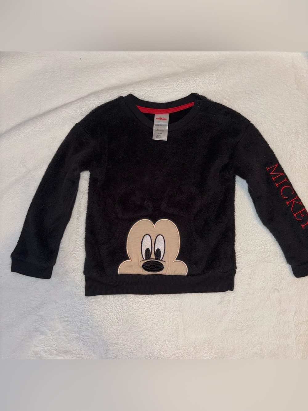 Disney Black Fuzzy Mickey Graphic Sweatshirt with Red Sleeve Detail